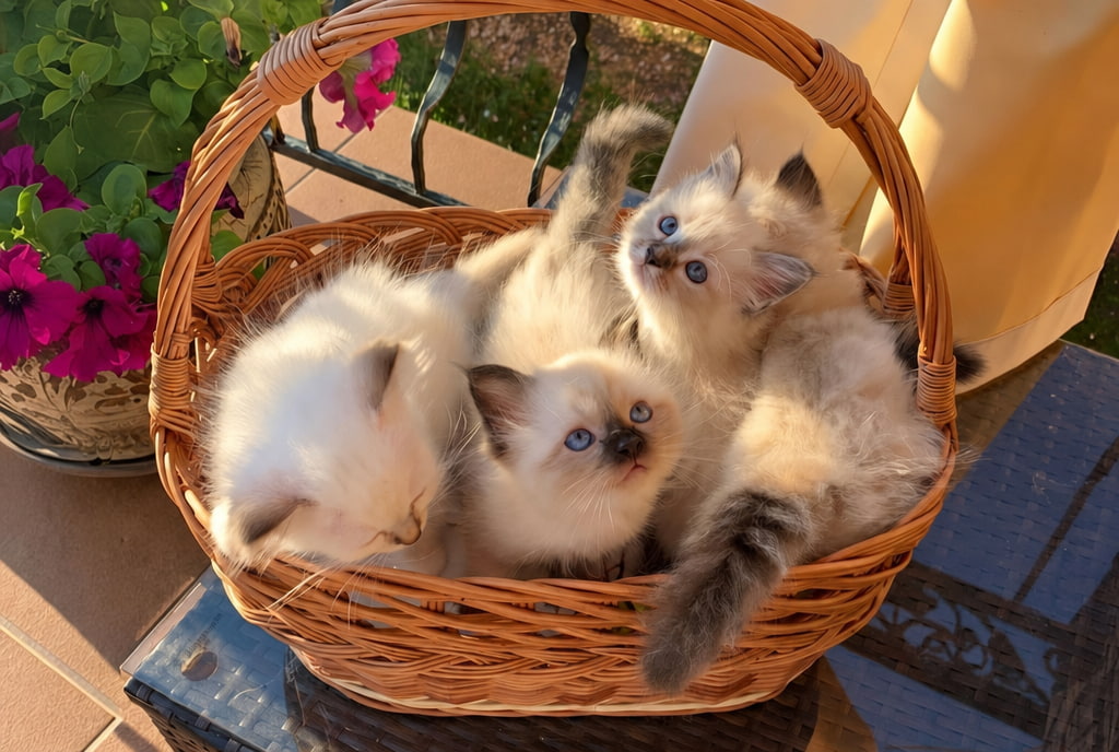 Котята священной бирмы в корзинке